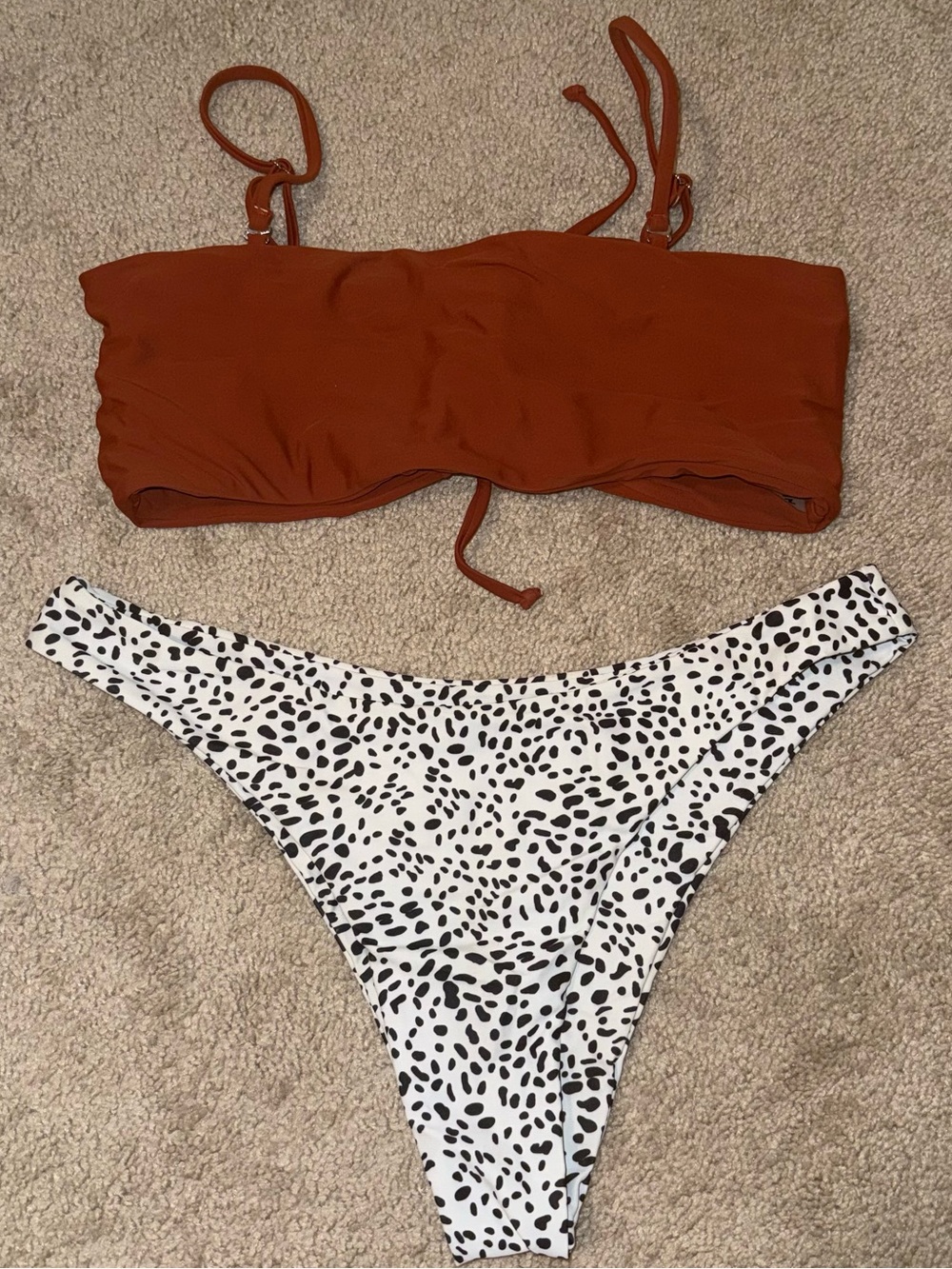 SHEIN Rust Orange Bandeau Swim Top with Dalmatian Contrast Bottom